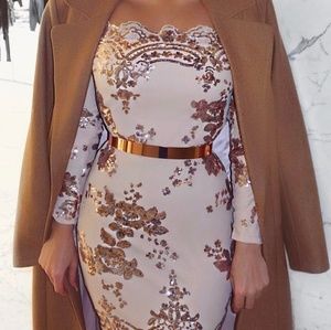 Rose Gold Floral Sequins Off Shoulder Dress